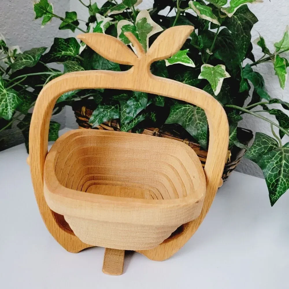 Vtg Basket Apple Shaped Tan Wooden Cut Collapsible Accent Fruit Holder Handmade